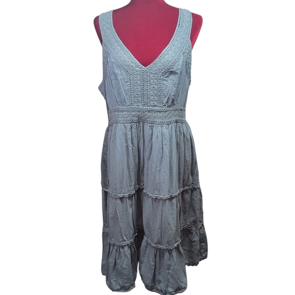 SAKKAS Boho Dusty Blue Crochet Lace Tiered Cotton Midi Dress‎ Smocked Back Sz 3x